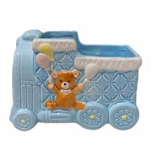 Adorable Baby Blue Train with Teddy bear holding Balloons planter/pot